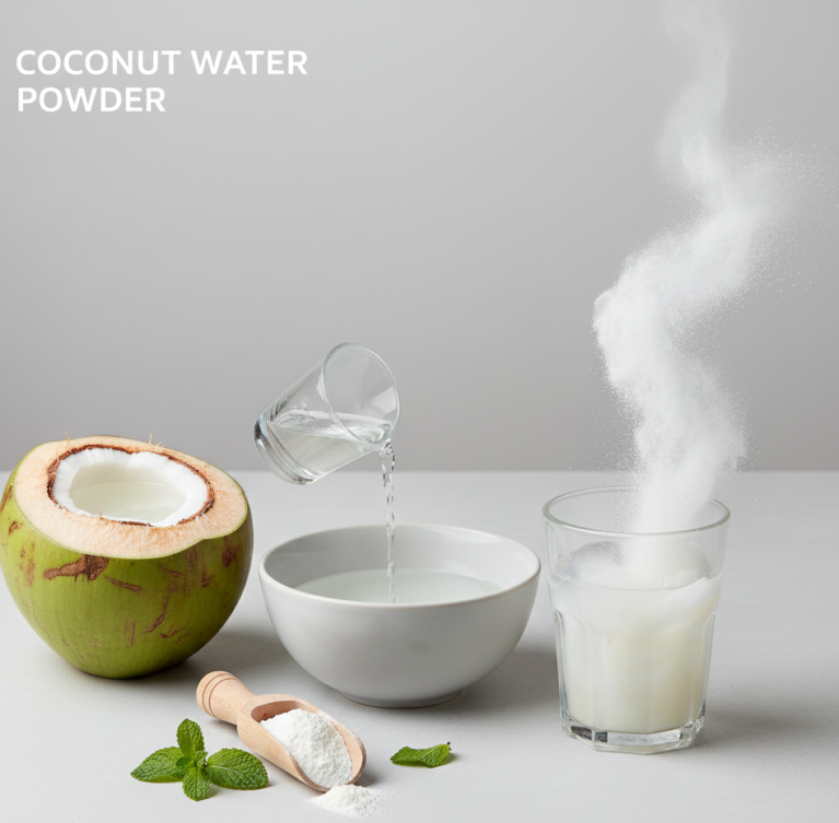 Coconut Water Powder is a dehydrated form of natural coconut water, made to retain minerals and electrolytes, used in beverages and nutrition products.