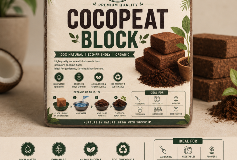 Cocopeat is a 100% natural growing medium made from coconut husk, used in agriculture and horticulture as a soil conditioner or replacement.