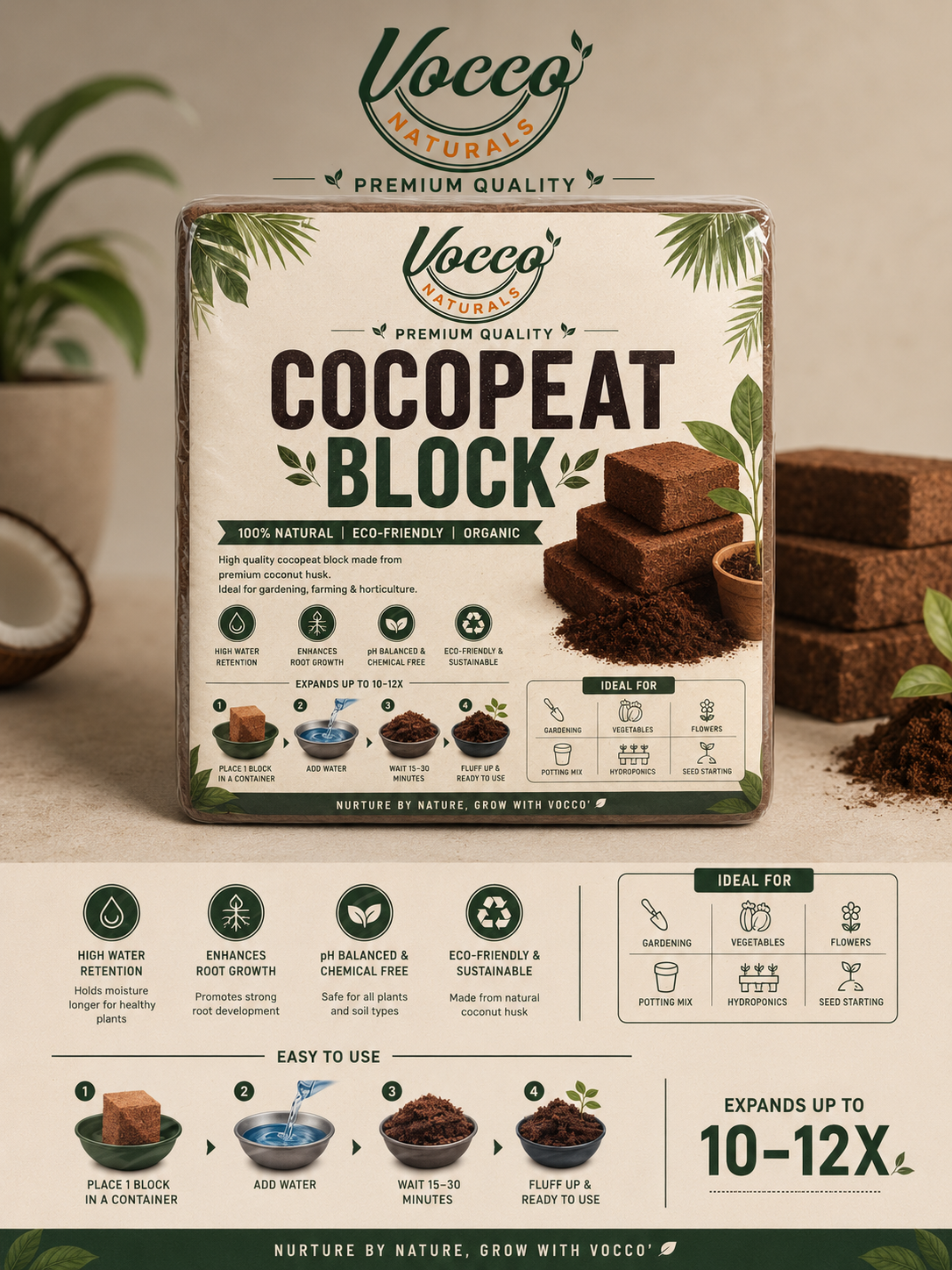 Cocopeat is a 100% natural growing medium made from coconut husk, used in agriculture and horticulture as a soil conditioner or replacement.