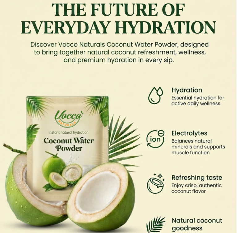 Coconut Water Powder is a dehydrated form of natural coconut water, made to retain minerals and electrolytes, used in beverages and nutrition products.