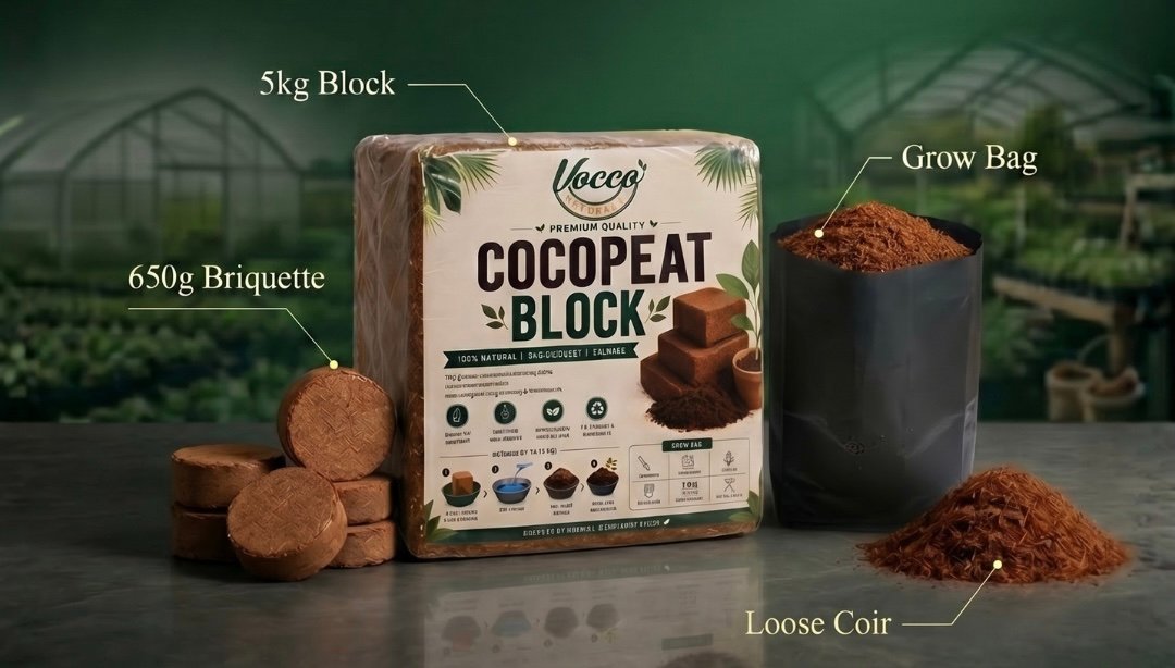 Cocopeat is a 100% natural growing medium made from coconut husk, used in agriculture and horticulture as a soil conditioner or replacement.